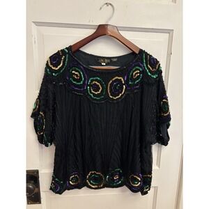 Eve's Allure Vintage Women's Black 100% Silk Beaded Sequin Blouse Size Large‎